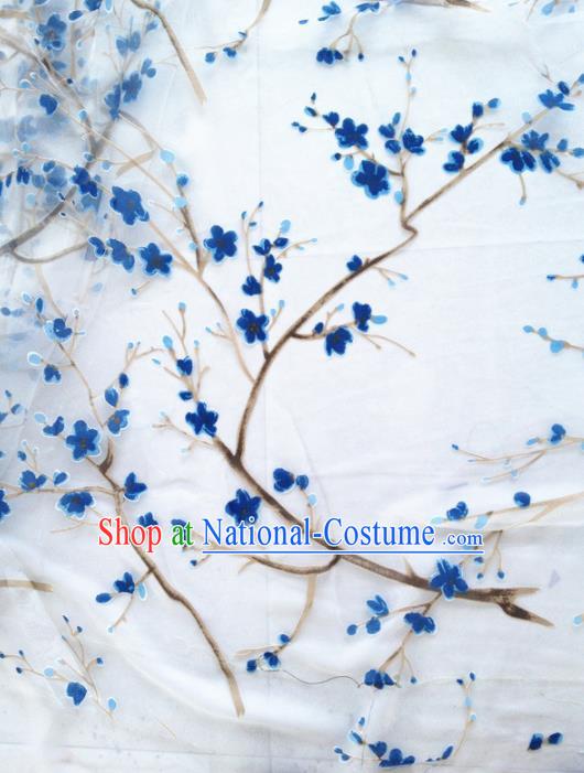 Chinese Traditional Blue Plum Pattern Design Veil Satin Hanfu Brocade Fabric Asian Silk Material