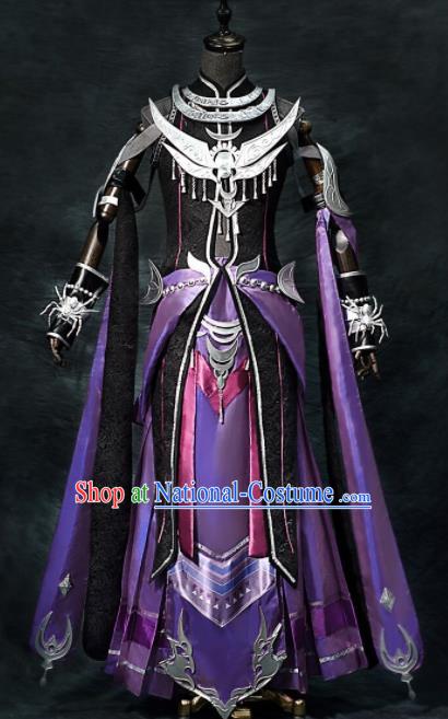 Chinese Ancient Cosplay Heroine Female General Armor Purple Dress Traditional Hanfu Swordsman Costume for Women