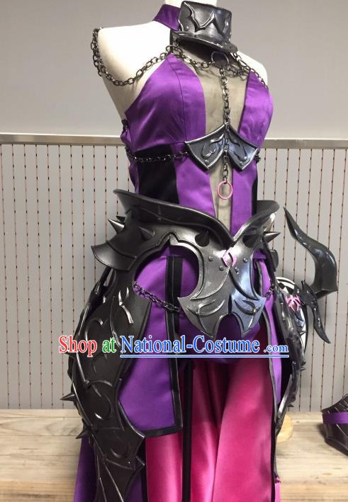 Chinese Ancient Cosplay Heroine Female Knight Purple Dress Traditional Hanfu Swordsman Costume for Women