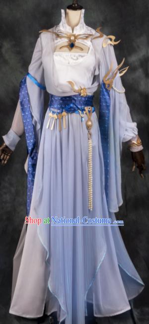 Chinese Ancient Cosplay Heroine Female Knight Gradient Blue Dress Traditional Hanfu Swordsman Costume for Women