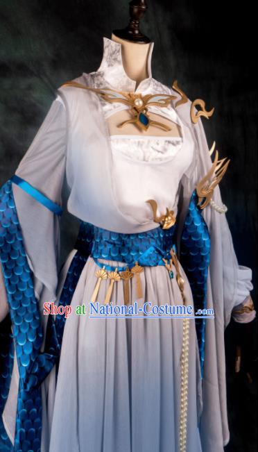 Chinese Ancient Cosplay Heroine Female Knight Gradient Blue Dress Traditional Hanfu Swordsman Costume for Women