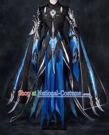 Chinese Ancient Cosplay Heroine Blue Armor Female Knight Dress Traditional Hanfu Swordsman Costume for Women