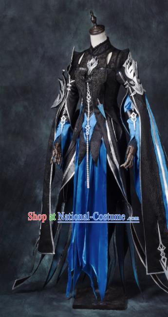 Chinese Ancient Cosplay Heroine Blue Armor Female Knight Dress Traditional Hanfu Swordsman Costume for Women