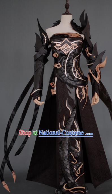 Chinese Ancient Cosplay Heroine Armor Female Knight Black Dress Traditional Hanfu Swordsman Costume for Women