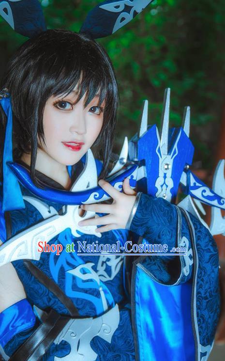 Chinese Ancient Cosplay Heroine Female Knight Blue Dress Traditional Hanfu Swordsman Costume for Women