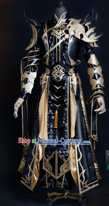 Chinese Ancient Drama Cosplay Young General Armor Knight Black Clothing Traditional Hanfu Swordsman Costume for Men