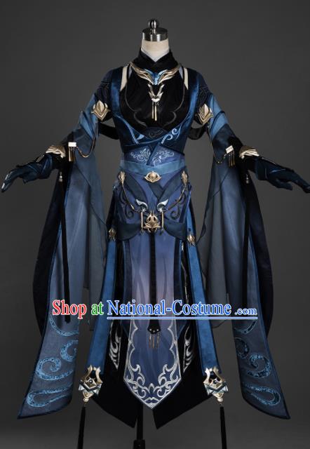 Chinese Ancient Cosplay Female General Heroine Navy Dress Traditional Hanfu Princess Swordsman Costume for Women