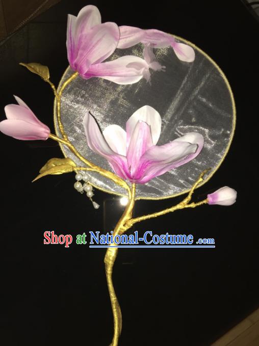 Chinese Ancient Cosplay Hanfu Palace Fan Traditional Handmade Yulan Magnolia Round Fans for Women