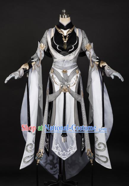 Chinese Ancient Cosplay Female Knight Heroine Grey Dress Traditional Hanfu Princess Swordsman Costume for Women