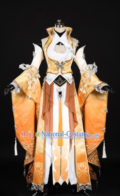 Chinese Ancient Cosplay Fairy Female Knight Heroine Yellow Dress Traditional Hanfu Princess Swordsman Costume for Women