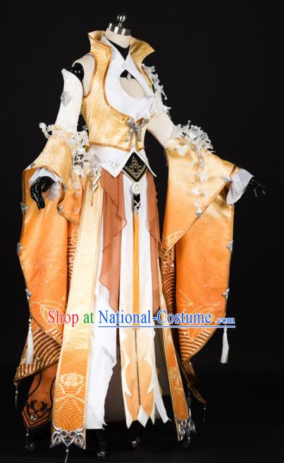 Chinese Ancient Cosplay Fairy Female Knight Heroine Yellow Dress Traditional Hanfu Princess Swordsman Costume for Women