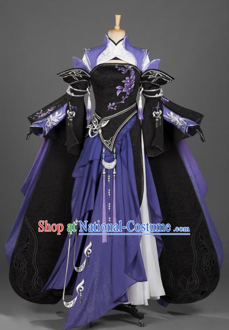 Chinese Ancient Cosplay Fairy Female Knight Purple Dress Traditional Hanfu Princess Swordsman Costume for Women