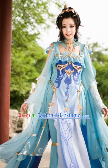 Chinese Ancient Cosplay Fairy Princess Blue Dress Traditional Hanfu Female Knight Swordsman Costume for Women