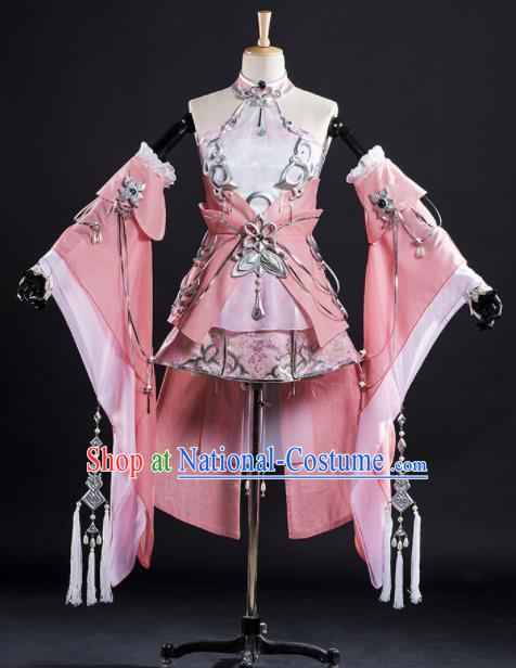 Chinese Ancient Cosplay Fairy Princess Pink Short Dress Traditional Hanfu Female Knight Swordsman Costume for Women