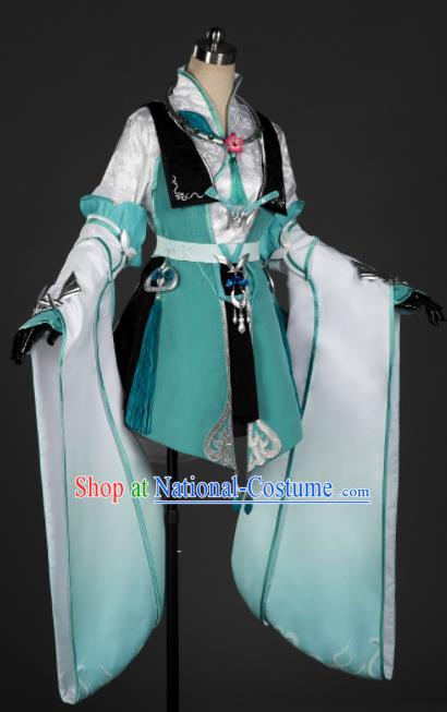 Chinese Ancient Cosplay Fairy Princess Green Short Dress Traditional Hanfu Female Knight Swordsman Costume for Women