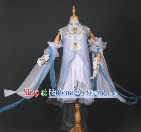 Chinese Ancient Cosplay Game Fairy Knight Light Blue Dress Traditional Hanfu Swordsman Costume for Women