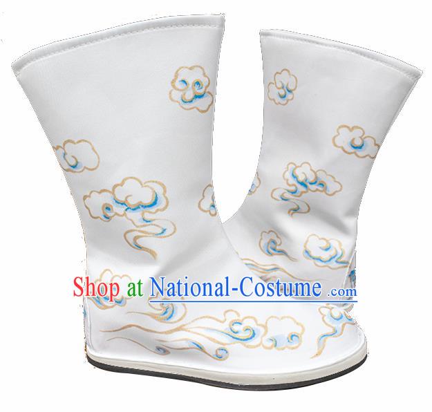 Asian Chinese Ancient Swordsman Printing Cloud White Boots Taoist Priest Shoes Traditional Hanfu Shoes for Men