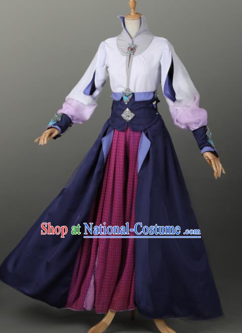 Chinese Ancient Cosplay Court Lady Navy Dress Traditional Hanfu Swordsman Costume for Women