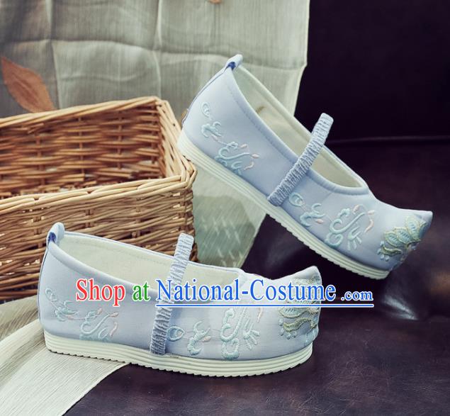 Asian Chinese Traditional Princess Hanfu Shoes National Blue Cloth Shoes Embroidered Shoes for Kids