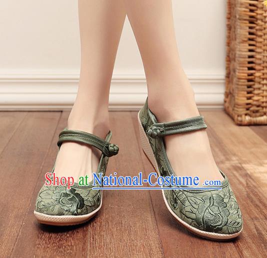 Asian Chinese Traditional Embroidered Peony Green Shoes Hanfu Shoes National Cloth Shoes for Women