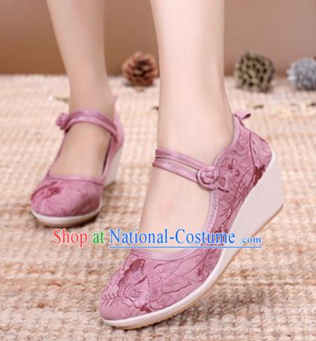 Asian Chinese Traditional Embroidered Peony Pink Shoes Hanfu Shoes National Cloth Shoes for Women