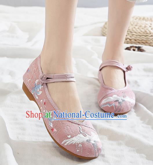 Asian Chinese Traditional Embroidered Crane Pink Shoes Hanfu Shoes National Cloth Shoes for Women