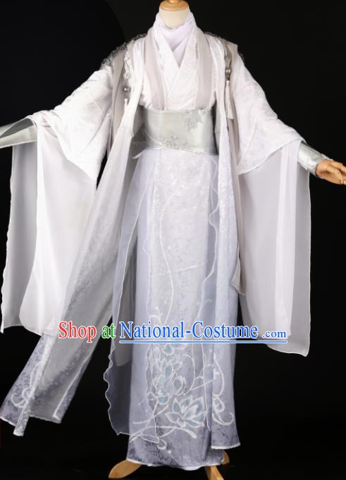 Chinese Ancient Drama Cosplay Royal Prince Knight White Clothing Traditional Hanfu Swordsman Costume for Men