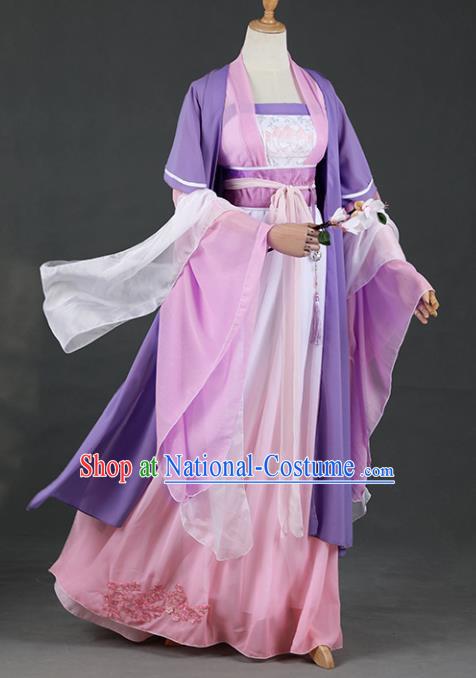 Chinese Ancient Cosplay Court Princess Purple Dress Traditional Hanfu Swordsman Costume for Women