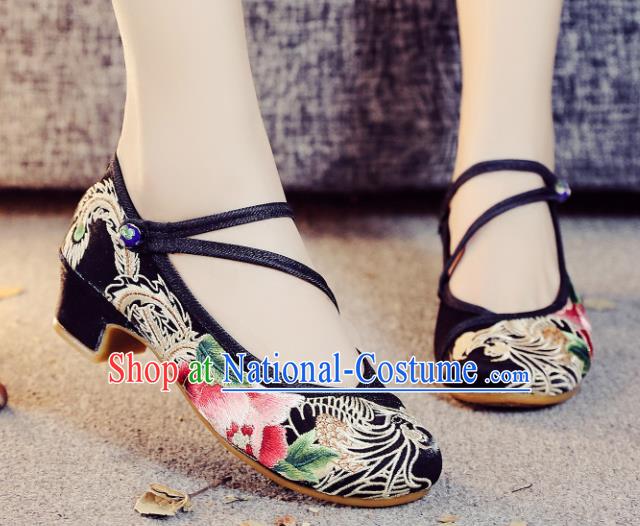 Asian Chinese Traditional Dance Embroidered Phoenix Peony Black Shoes Hanfu Wedding Shoes National Cloth Shoes for Women