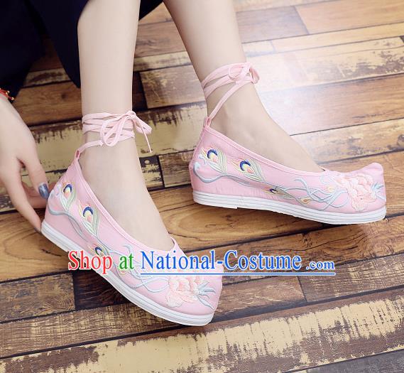 Asian Chinese National Dance Pink Cloth Shoes Embroidered Peony Shoes Traditional Hanfu Shoes for Women