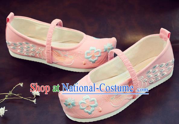 Asian Chinese Traditional Embroidered Peacock Pink Shoes Hanfu Shoes National Cloth Shoes for Kids