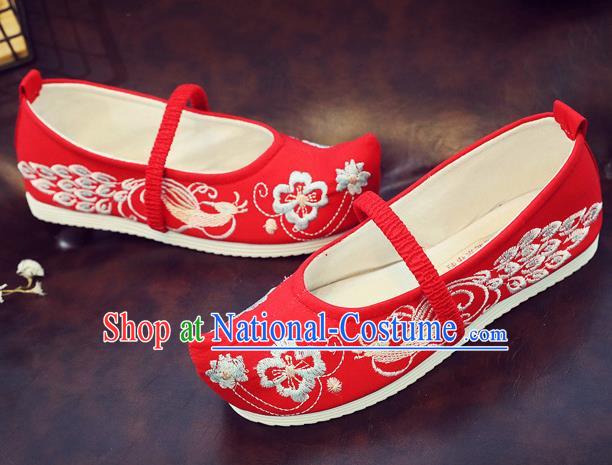 Asian Chinese Traditional Embroidered Peacock Red Shoes Hanfu Shoes National Cloth Shoes for Kids