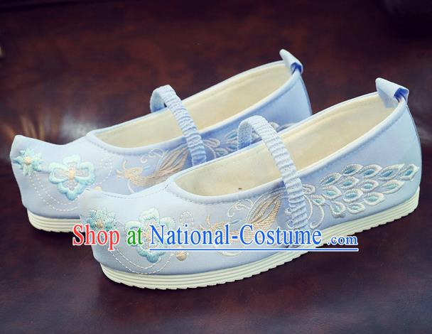 Asian Chinese Traditional Embroidered Peacock Blue Shoes Hanfu Shoes National Cloth Shoes for Kids