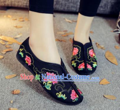 Asian Chinese Traditional Embroidered Peony Black Shoes Hanfu Wedding Shoes National Cloth Shoes for Women