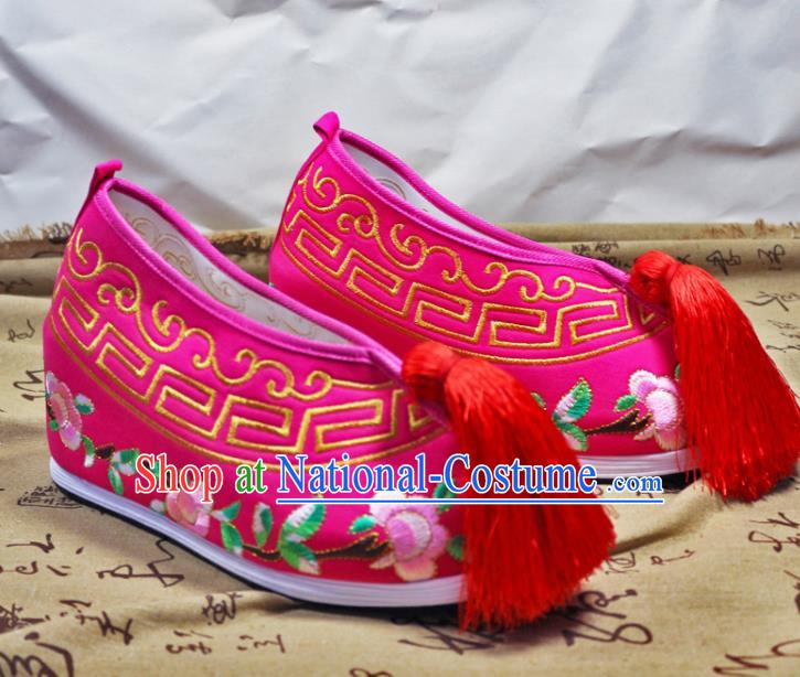 Asian Chinese Traditional Beijing Opera Rosy Embroidered Shoes Ancient Princess Shoes Hanfu Shoes for Women