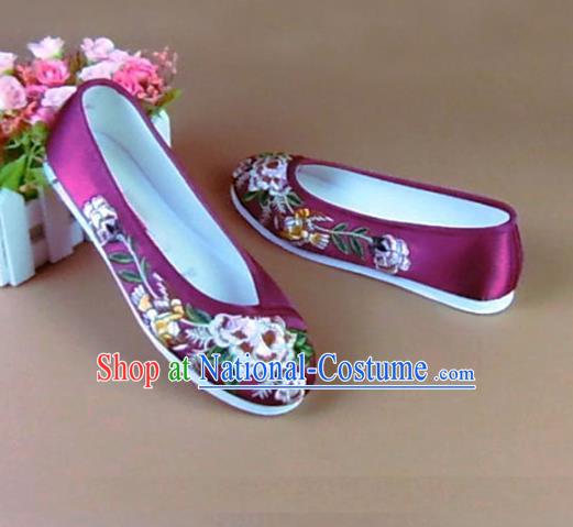 Asian Chinese National Embroidered Peony Purple Shoes Ancient Princess Satin Shoes Traditional Hanfu Shoes for Women