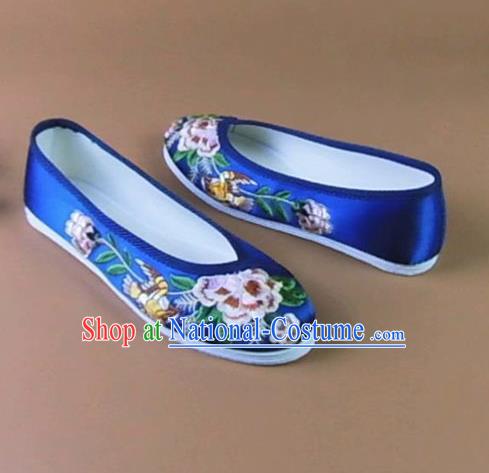 Asian Chinese National Embroidered Peony Royalblue Shoes Ancient Princess Satin Shoes Traditional Hanfu Shoes for Women