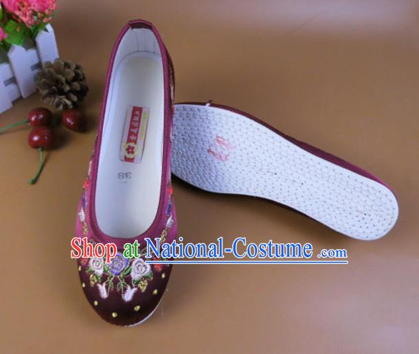 Asian Chinese National Embroidered Flowers Purple Shoes Ancient Princess Satin Shoes Traditional Hanfu Shoes for Women