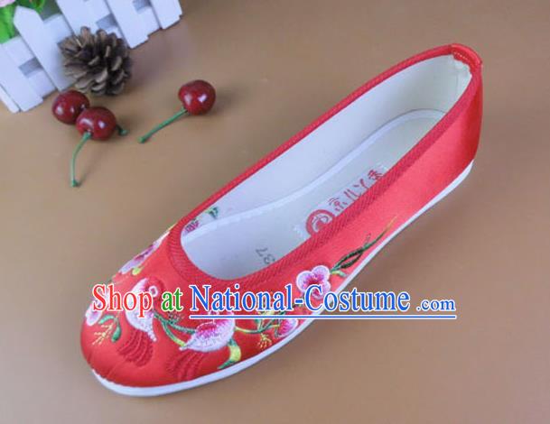 Asian Chinese National Embroidered Peach Blossom Red Shoes Ancient Princess Satin Shoes Traditional Hanfu Shoes for Women