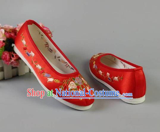 Asian Chinese Traditional Red Satin Shoes Ancient Princess Embroidered Shoes Hanfu Shoes for Women