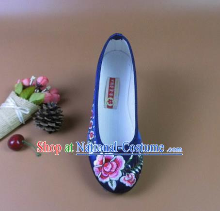 Asian Chinese National Royalblue Embroidered Peony Shoes Ancient Princess Satin Shoes Traditional Hanfu Shoes for Women