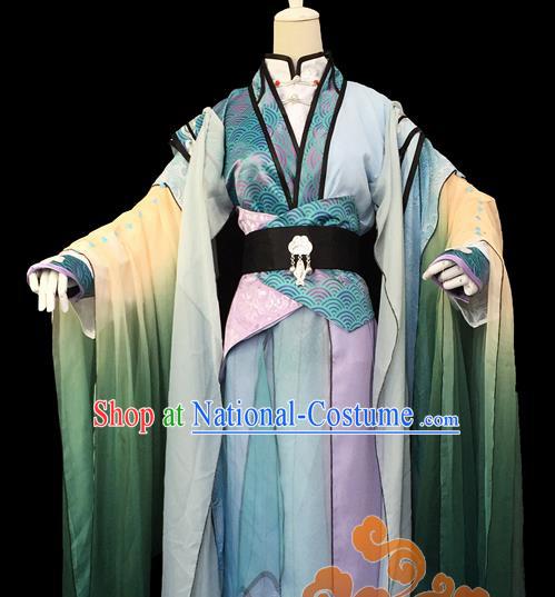 Custom Chinese Ancient Cosplay Taoist Priest Green Clothing Traditional Swordsman Dragon Prince Costume for Men