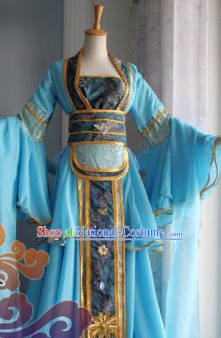 Traditional Chinese Cosplay Fairy Court Maid Blue Dress Ancient Swordswoman Costume for Women