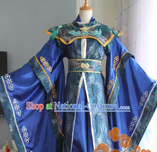 Custom Chinese Ancient Royal Highness Royalblue Clothing Traditional Cosplay Emperor Swordsman Costume for Men