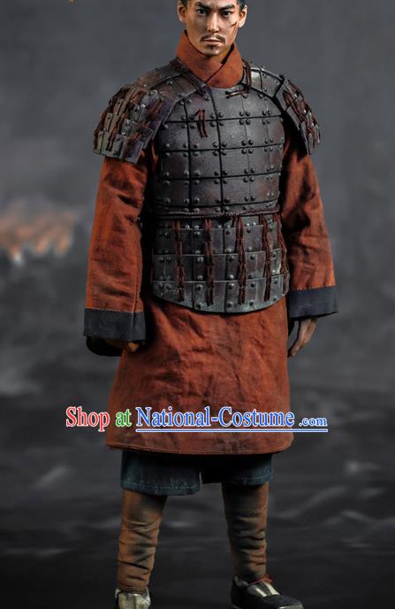 Chinese Ancient Soldier Armor and Helmet Traditional Qin Dynasty Military Officer Costumes Complete Set for Men