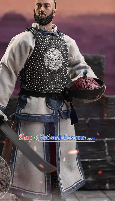 Chinese Ancient Soldier Armor and Helmet Traditional Qing Dynasty Imperial Bodyguard Costumes Complete Set for Men