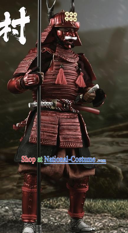 Japanese Ancient Warrior General Red Armor and Helmet Traditional Asian Japan Samurai Costumes Complete Set for Men