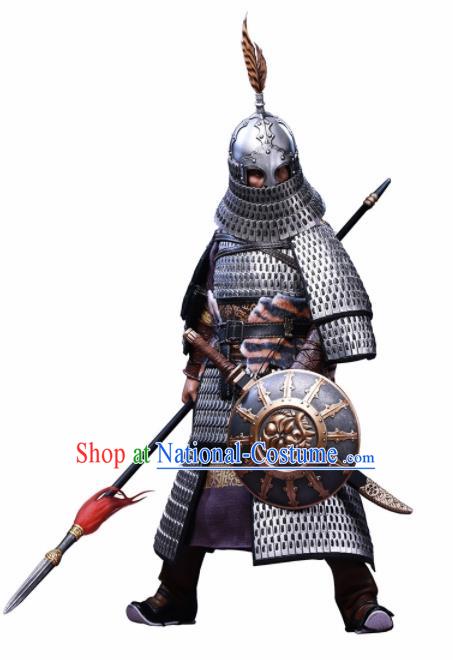 Chinese Ancient Cosplay General Argent Armor and Helmet Traditional Yuan Dynasty Military Officer Costumes Complete Set for Men