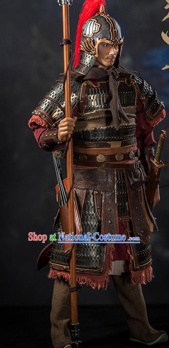 Chinese Ancient Cosplay General Yue Fei Armor and Helmet Traditional Song Dynasty Military Officer Costumes Complete Set for Men