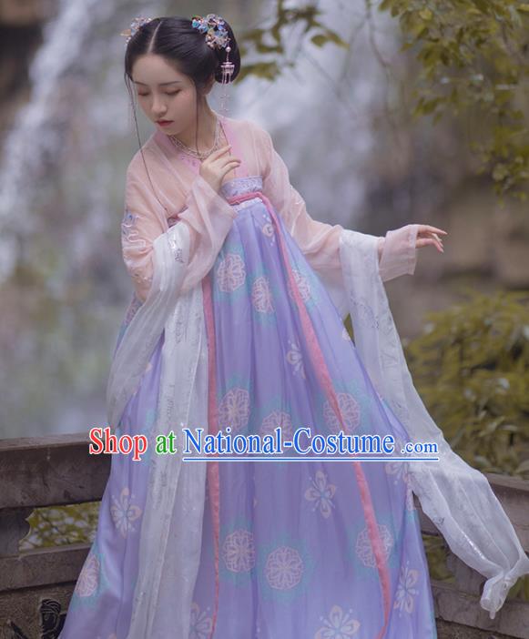 Chinese Ancient Tang Dynasty Palace Lady Lilac Hanfu Dress Traditional Court Maid Costumes for Women